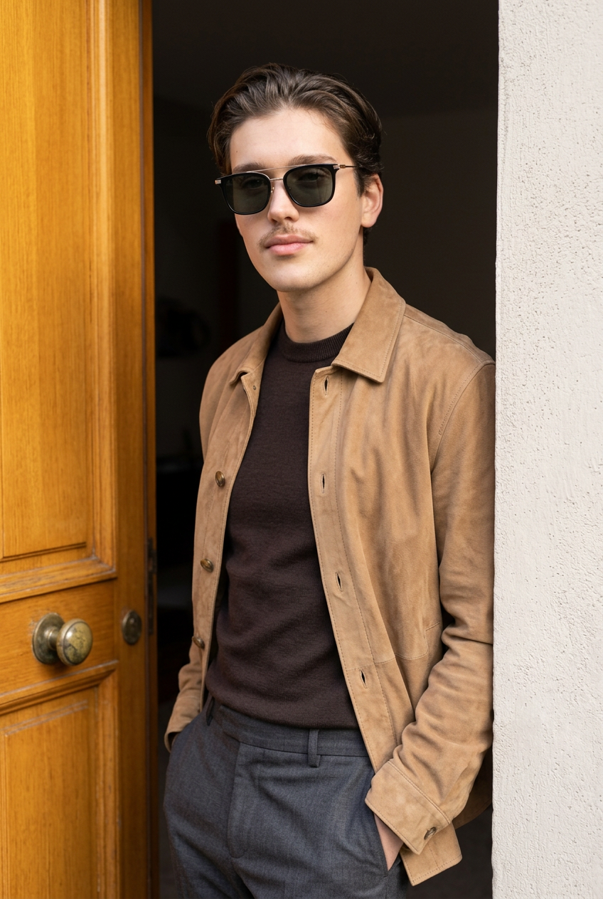 Man wearing lavunett Djam sunglasses in a wooden doorway