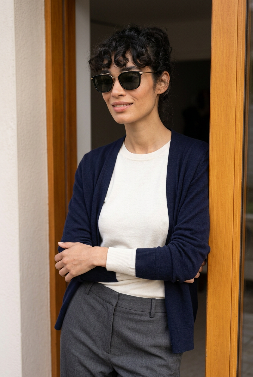 Woman wearing lavunett Djam sunglasses in a wooden doorway