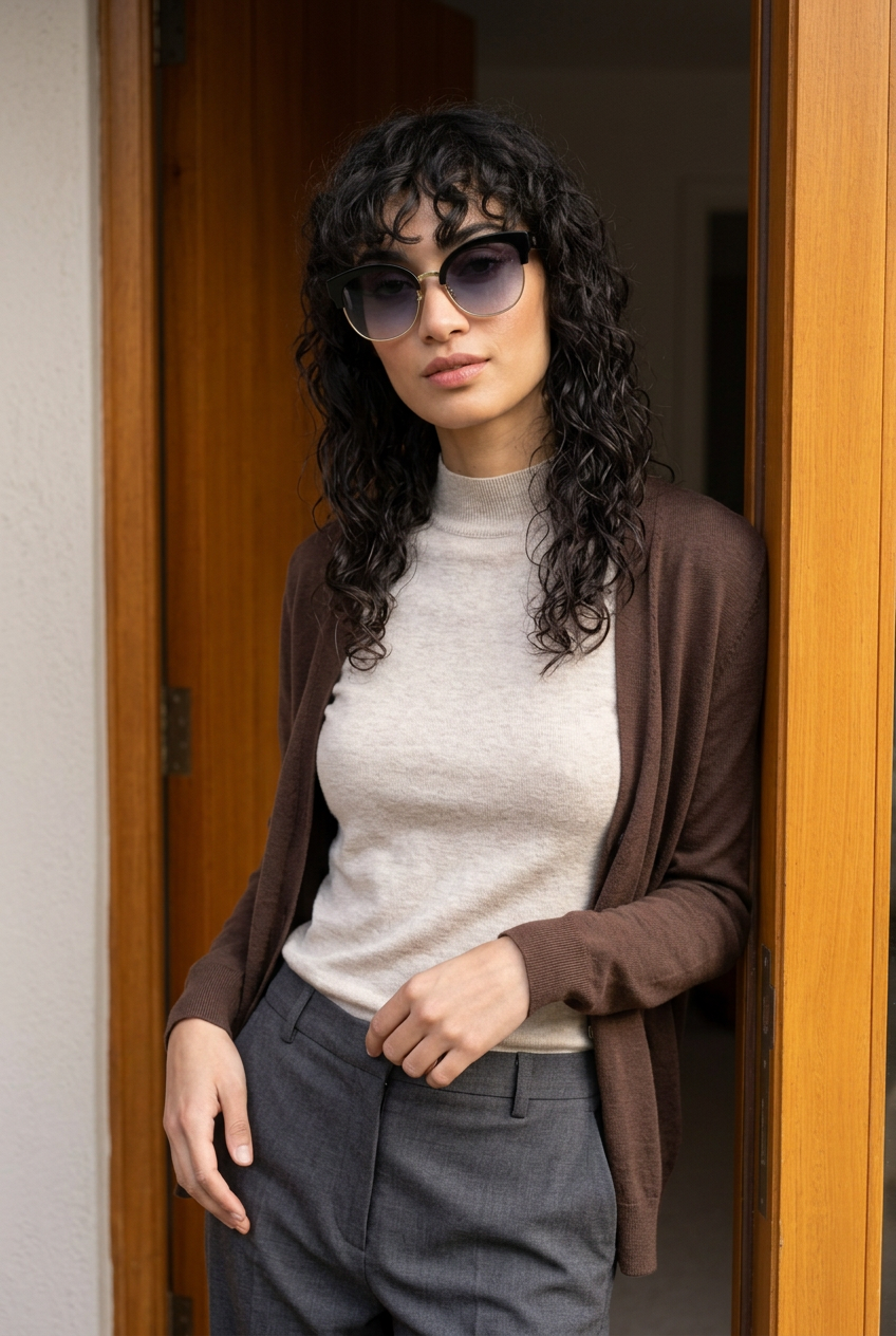 Woman wearing lavunett Efnan sunglasses in a wooden doorway