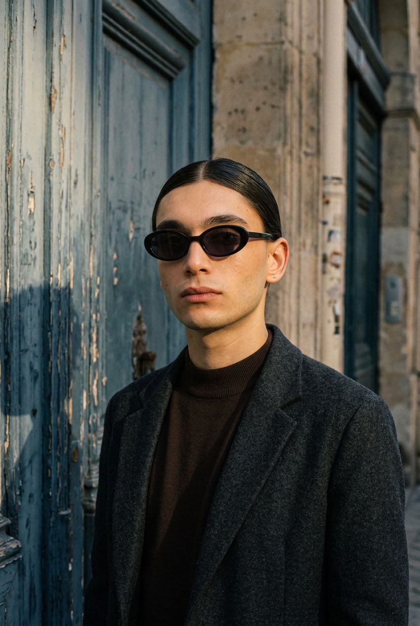 Man wearing lavunett Esma sunglasses by a blue Paris door