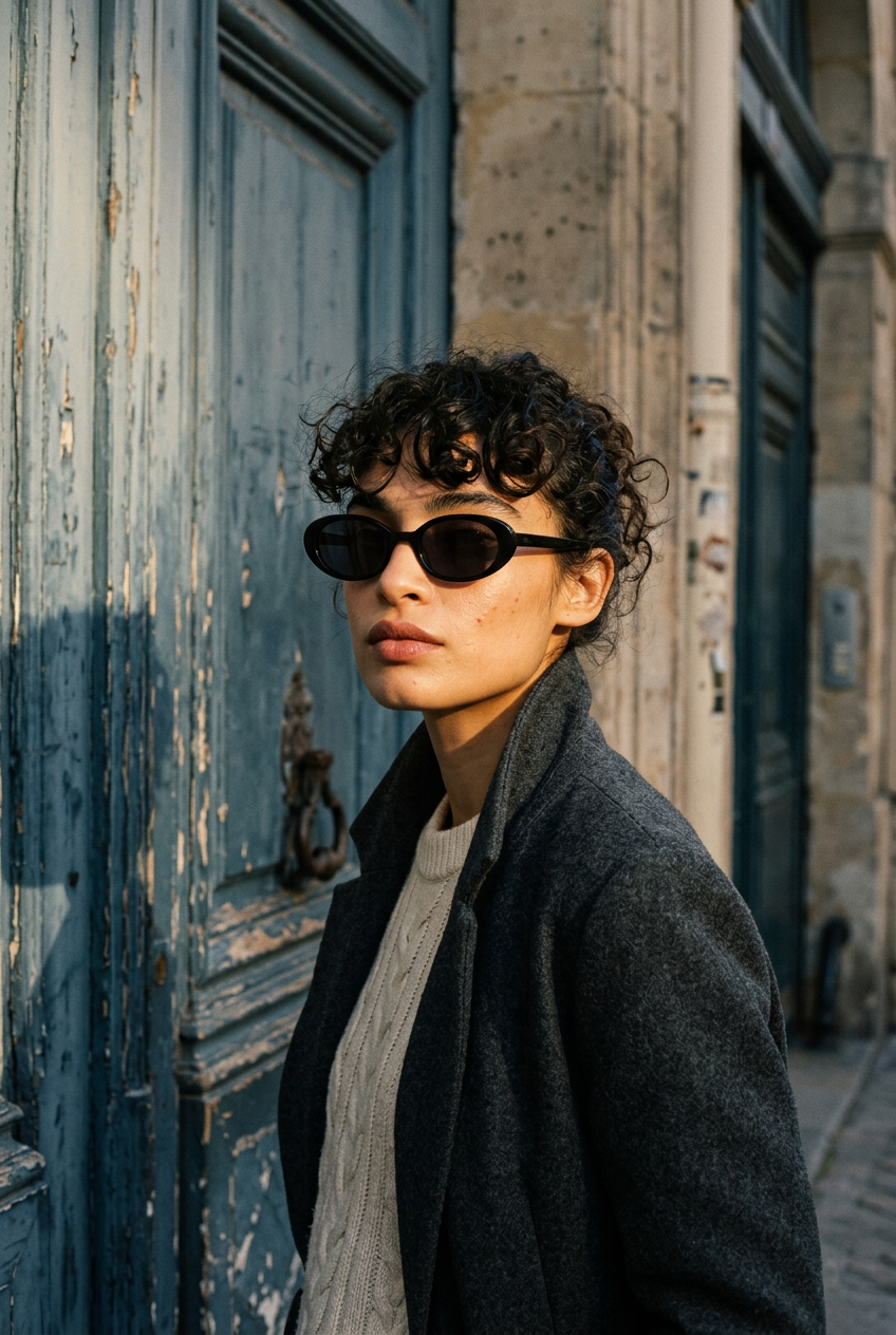 Woman wearing lavunett Esma sunglasses by a blue Paris door