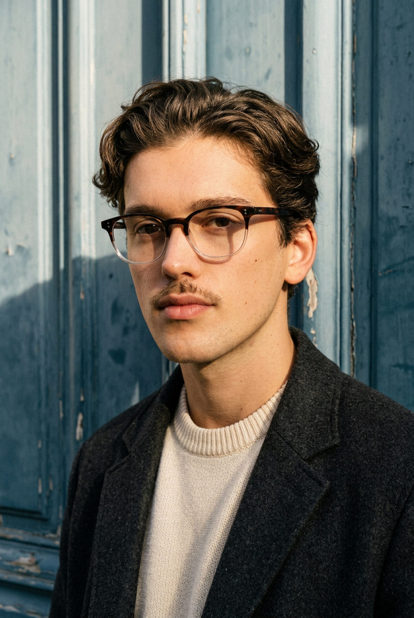 Man wearing lavunett Franklin blue light glasses by a blue Paris door