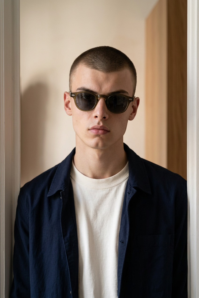 Man wearing lavunett Grinder sunglasses in a doorway
