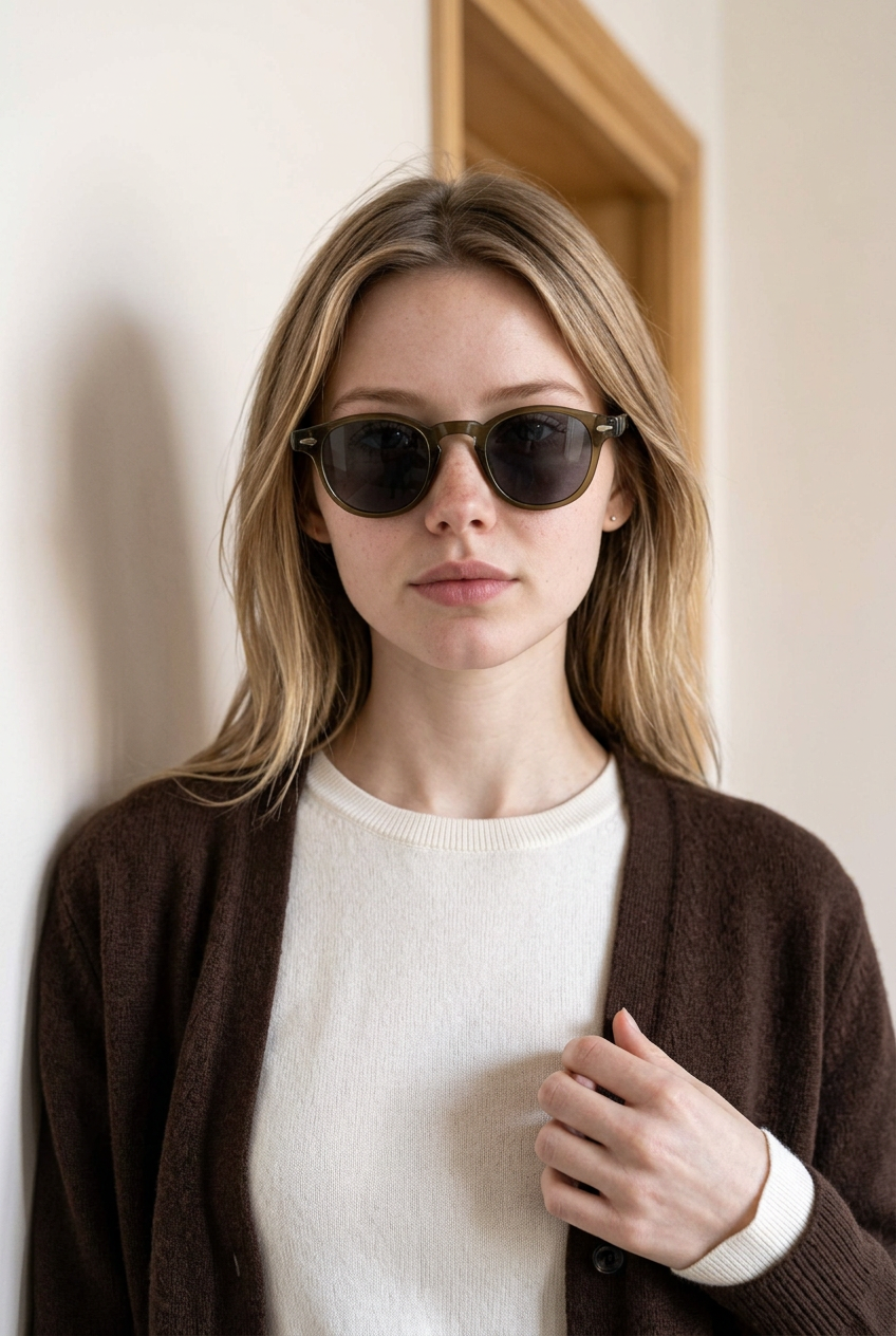 Woman wearing lavunett Grinder sunglasses in a doorway