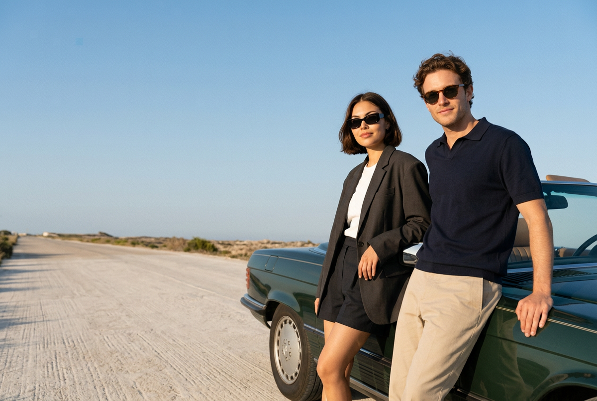 Couple wearing lavunett Jackie and Amico sunglasses by a vintage convertible