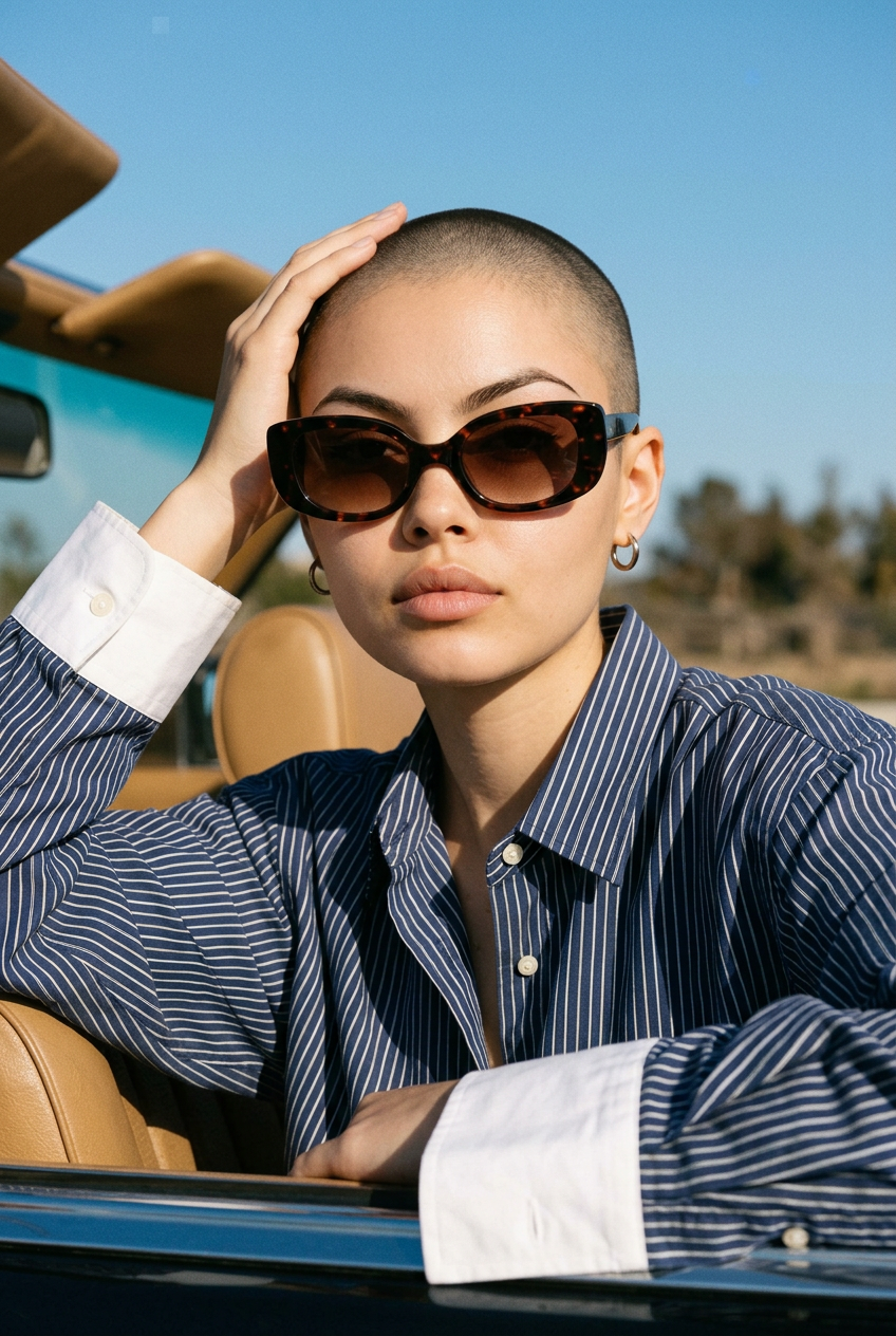 Woman wearing lavunett Jackie Brown sunglasses in a vintage convertible