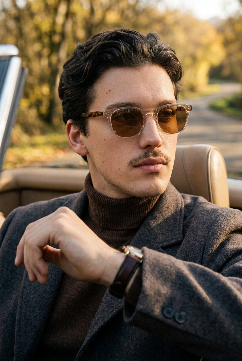 Man wearing lavunett Langelik sunglasses in a vintage convertible