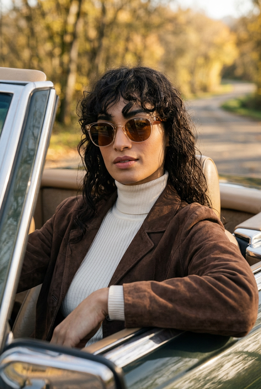 Woman wearing lavunett Langelik sunglasses in a vintage convertible