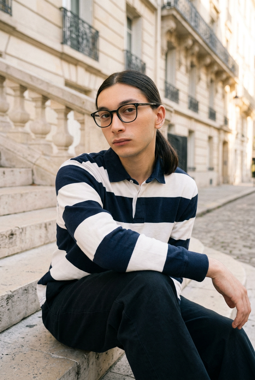 Man wearing lavunett Gepetto blue light glasses