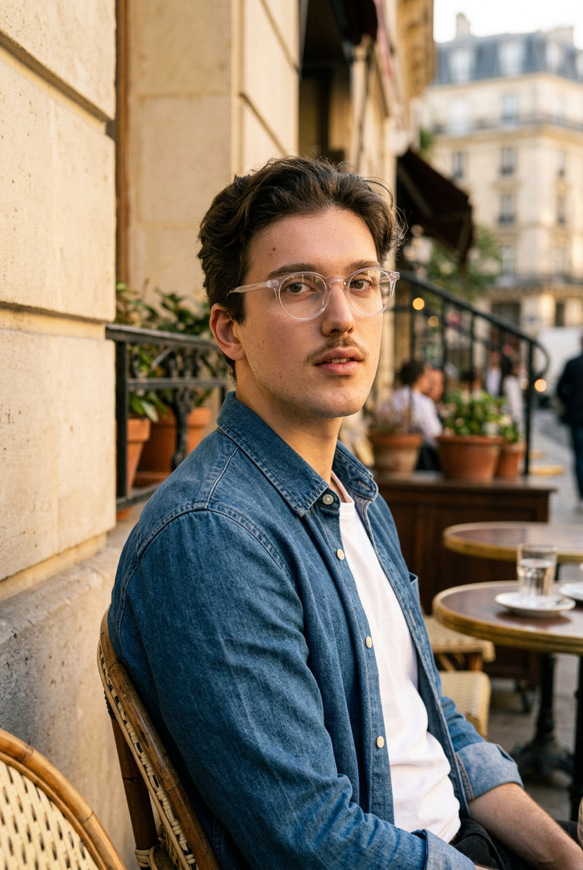Man wearing lavunett Pearl blue light glasses