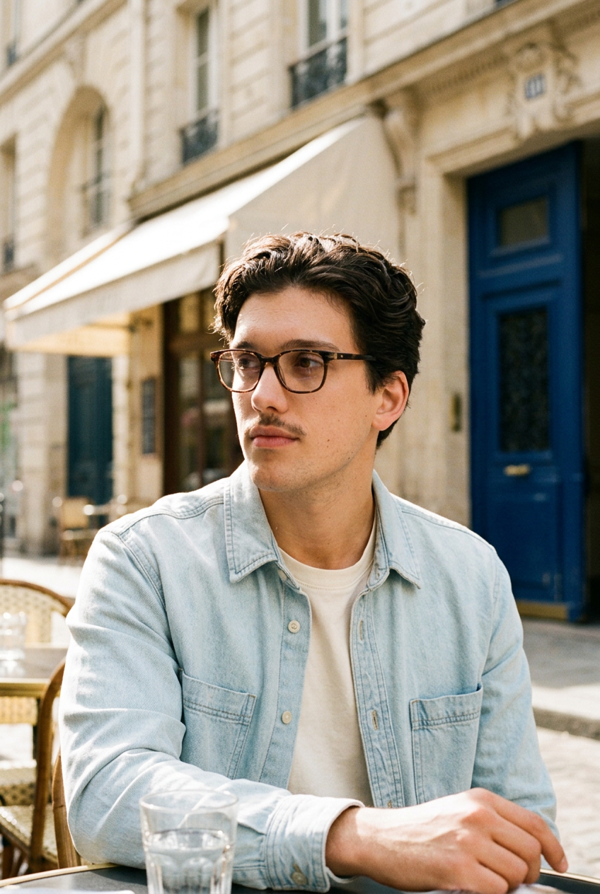 Man wearing lavunett Swan blue light glasses