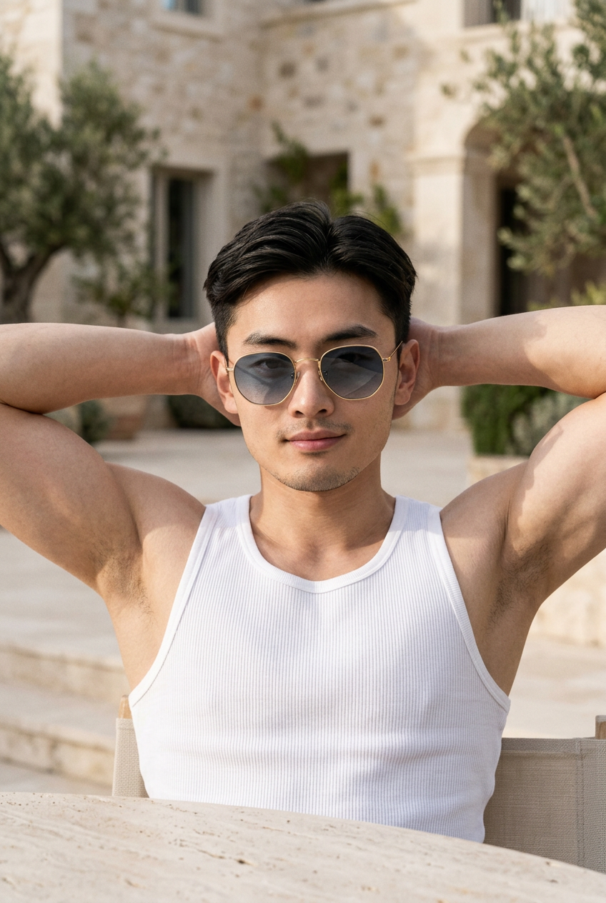 Man wearing lavunett Hexa Gold sunglasses