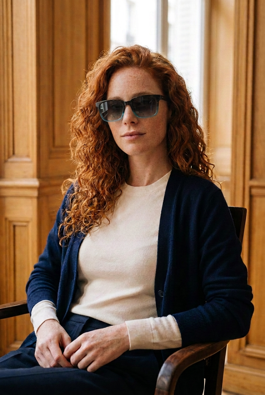 Woman wearing lavunett Naerobi sunglasses in a wood-panelled room