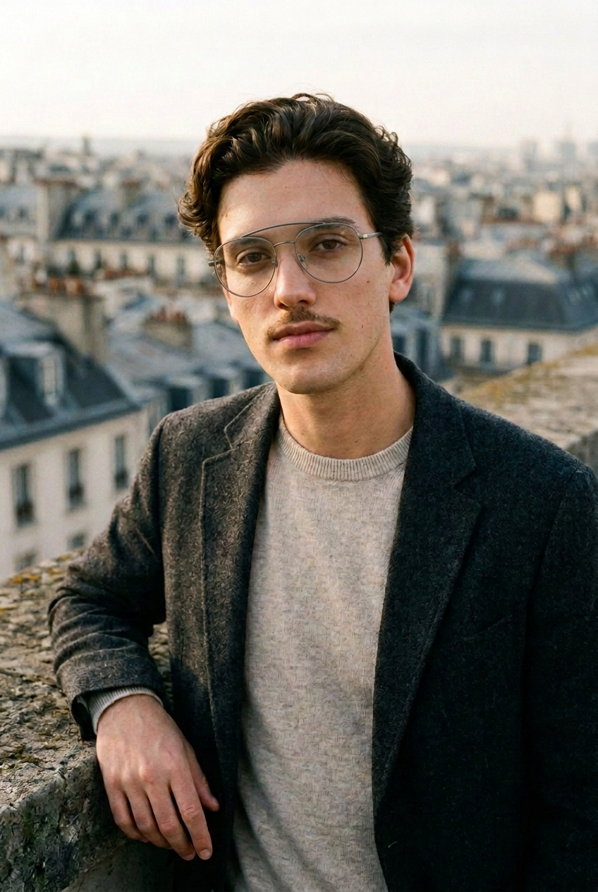 Man wearing lavunett Pablito glasses on a Paris rooftop