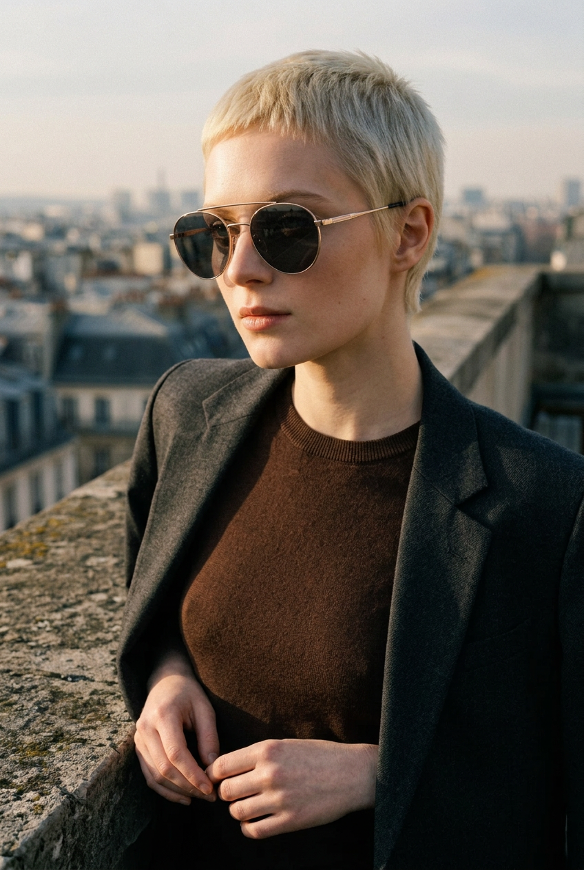 Woman wearing lavunett Pablito sunglasses on a Paris rooftop