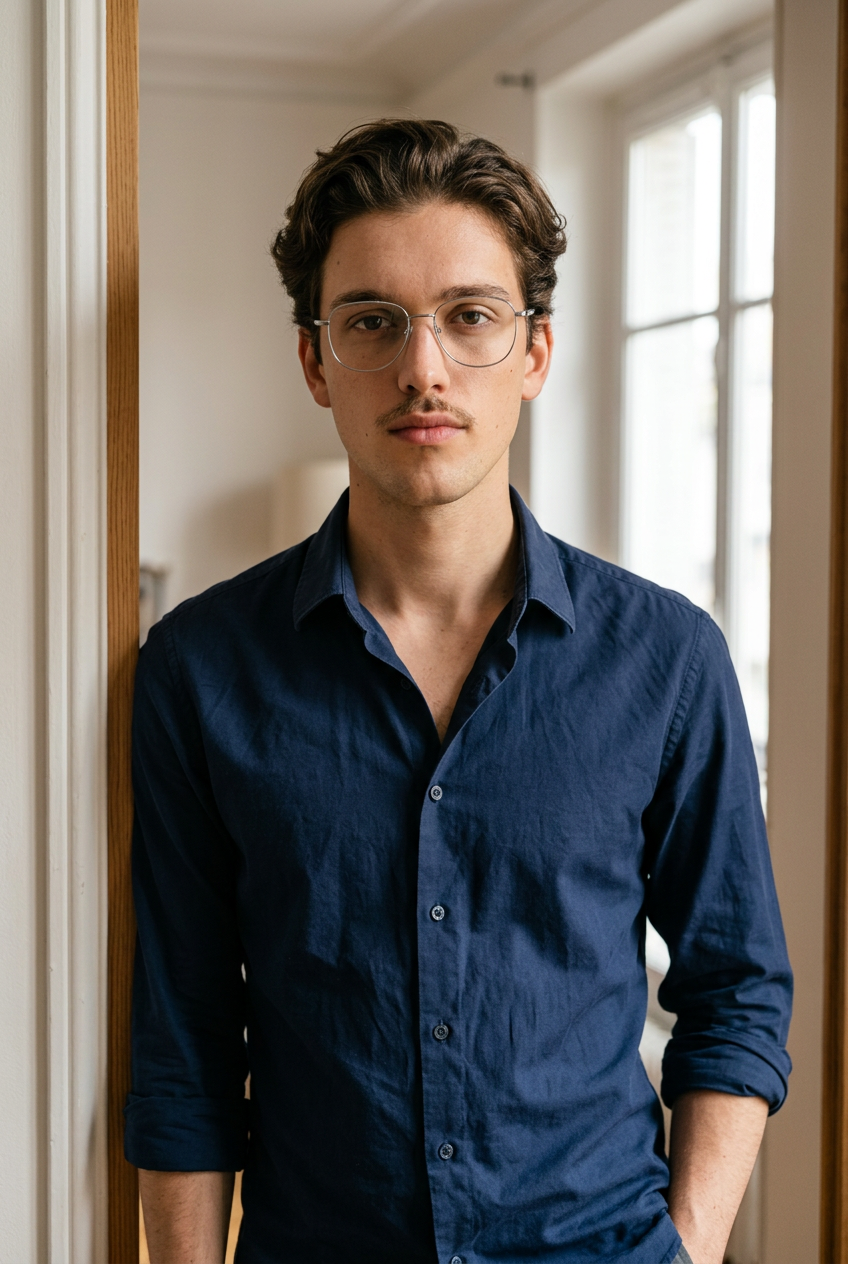 Man wearing lavunett Pacho glasses in a Paris apartment