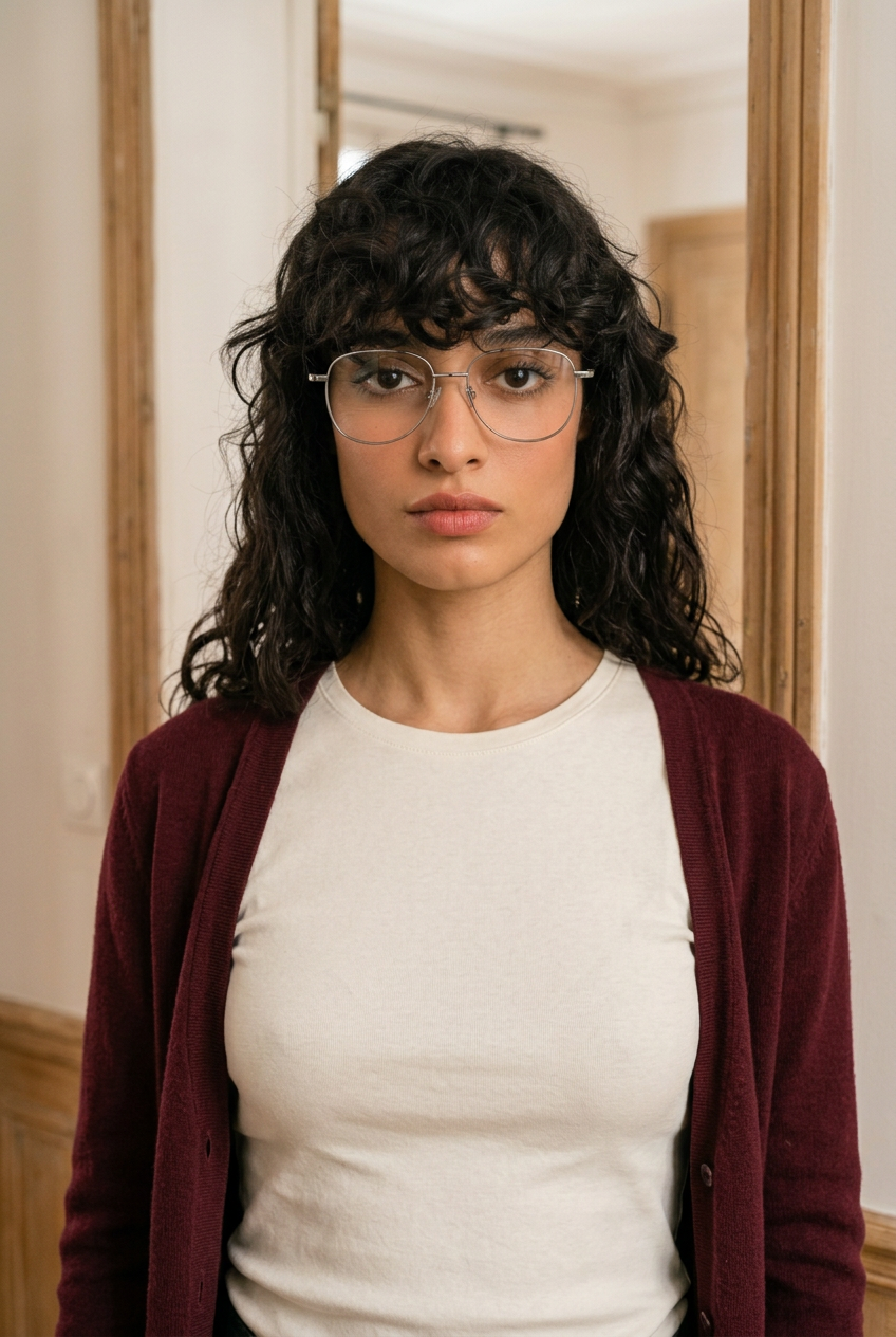Woman wearing lavunett Pacho glasses in a Paris apartment