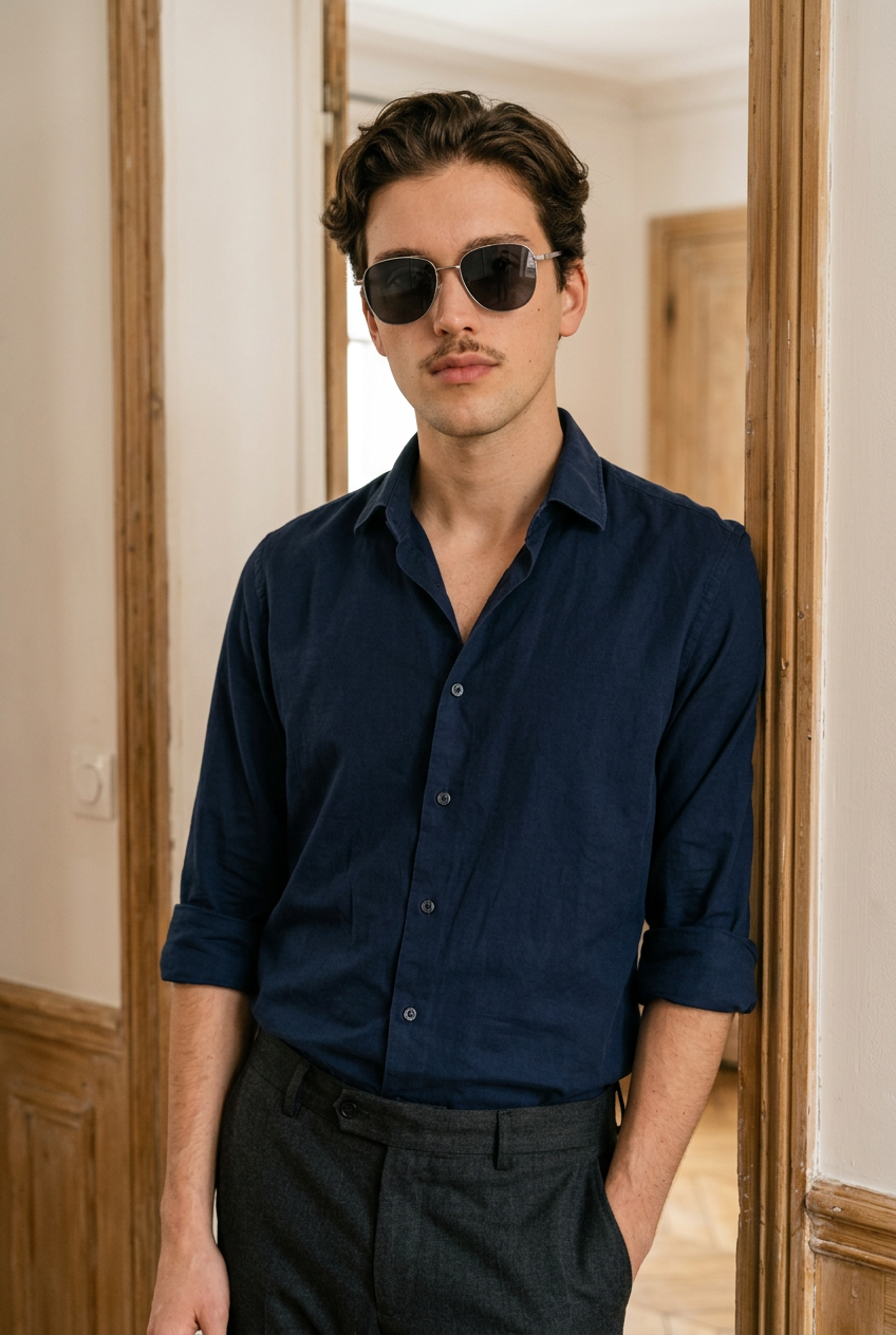 Man wearing lavunett Pacho sunglasses in a Paris apartment