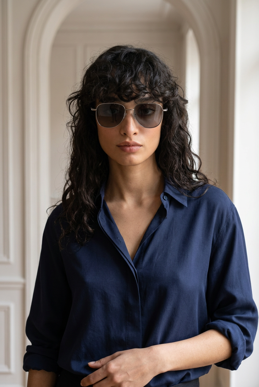 Woman wearing lavunett Pacho sunglasses in a Paris apartment