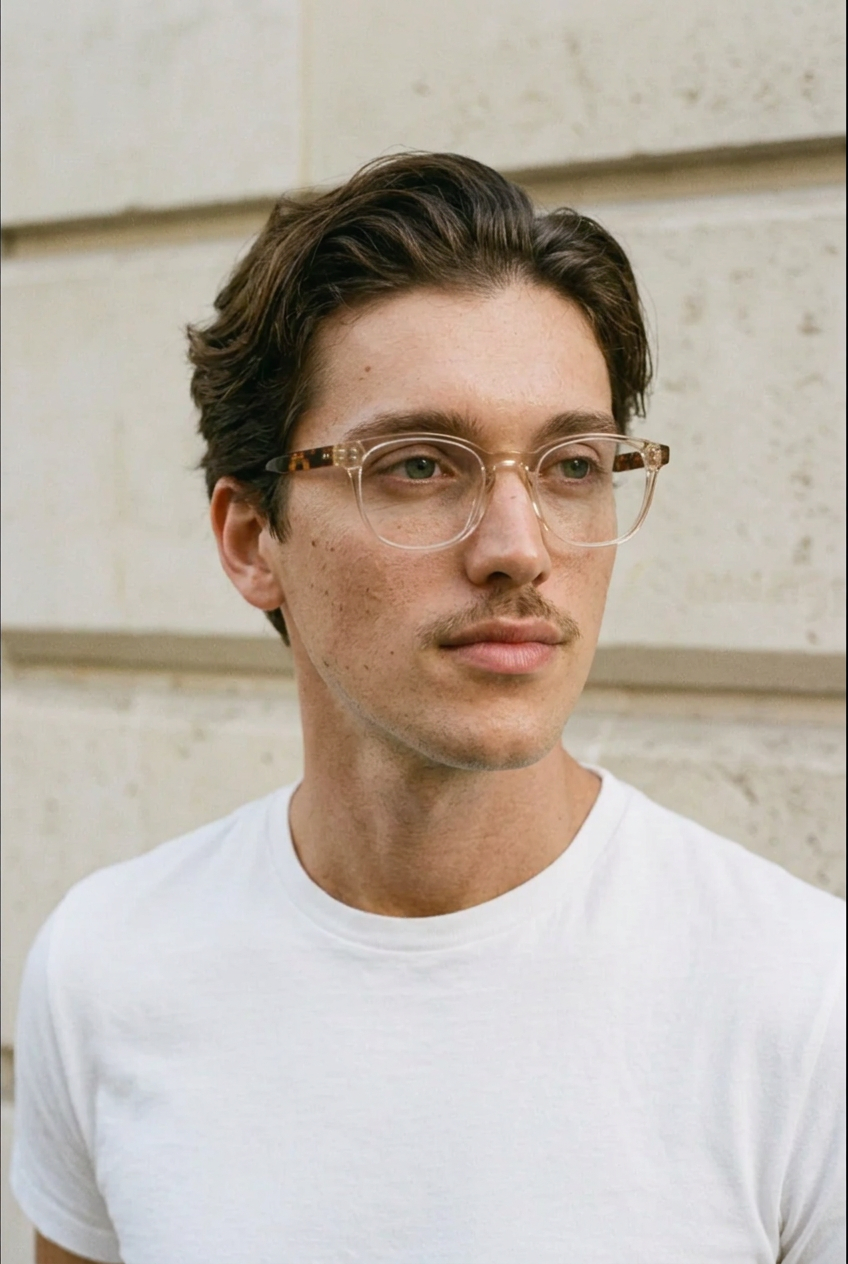 Man wearing lavunett Phileas blue light glasses against a Paris stone wall
