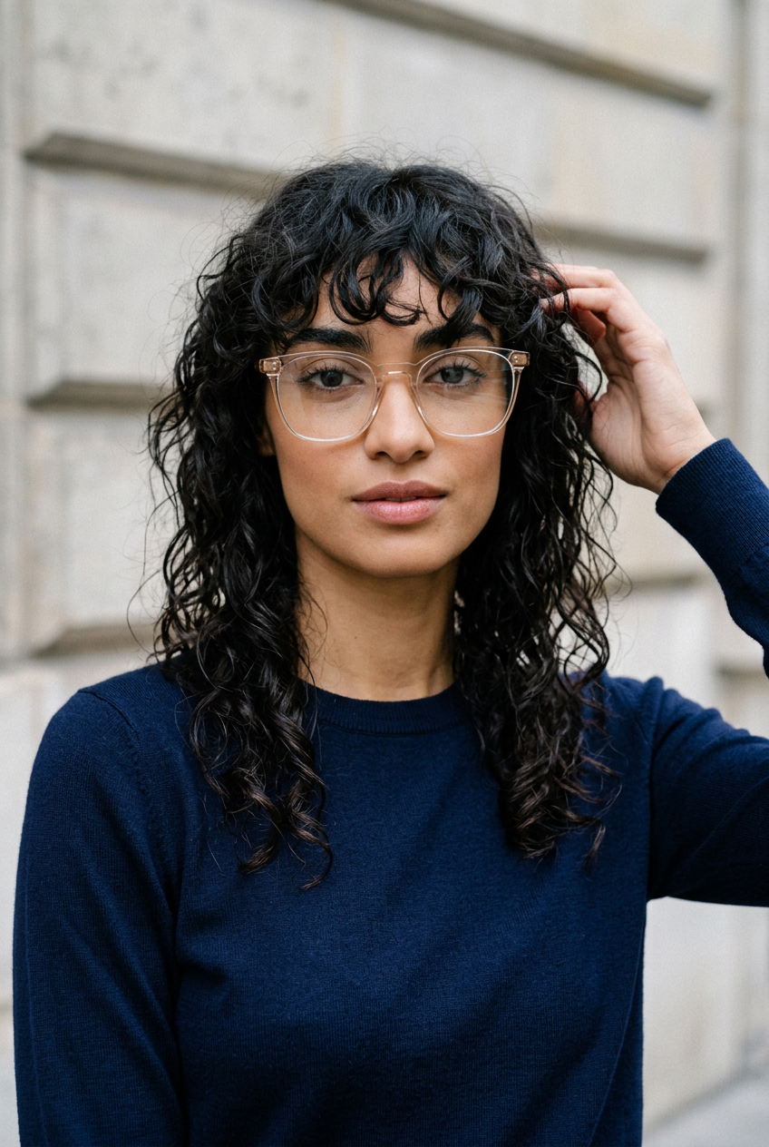 Woman wearing lavunett Phileas blue light glasses against a Paris stone wall
