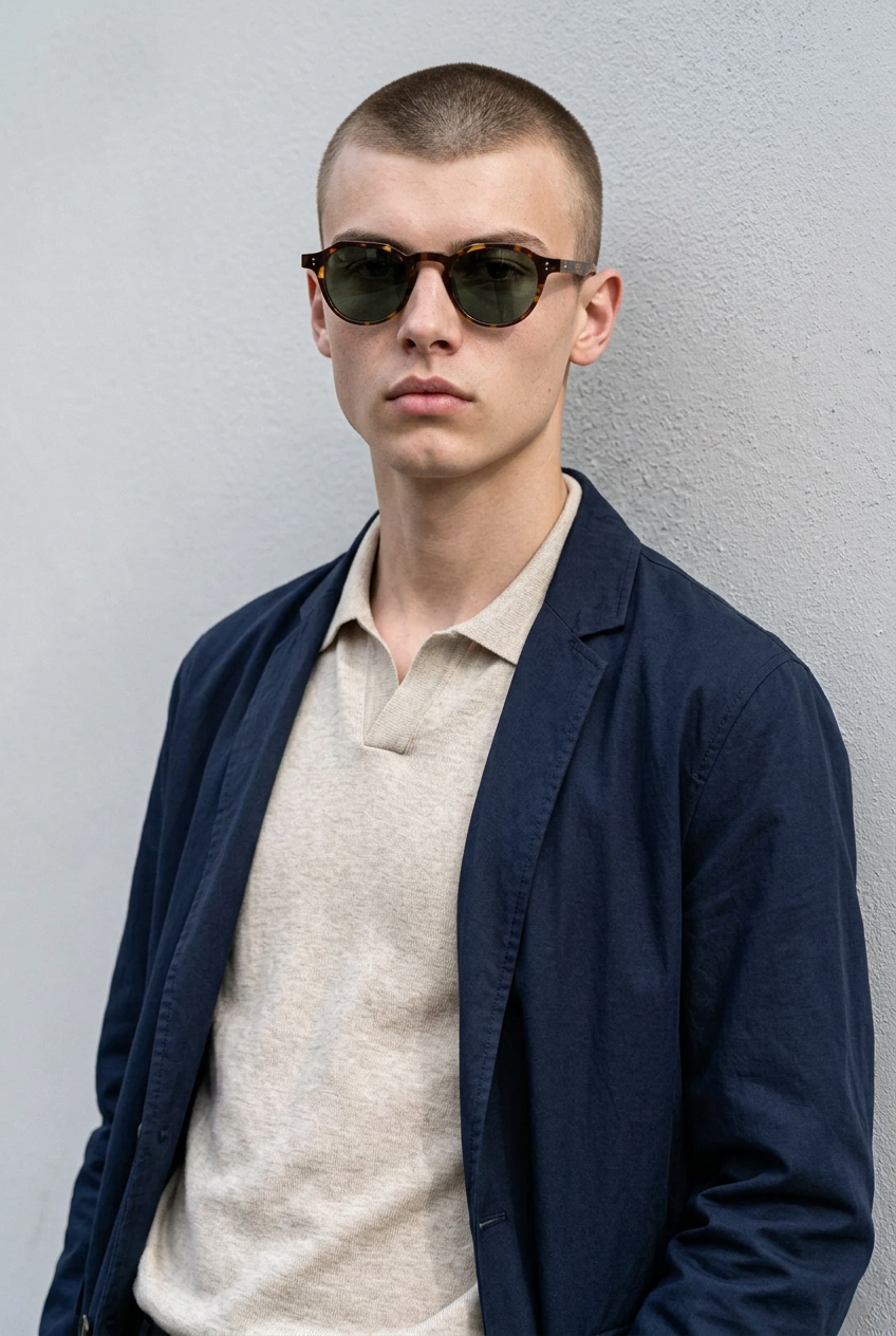 Man wearing lavunett Shelby sunglasses against a grey wall