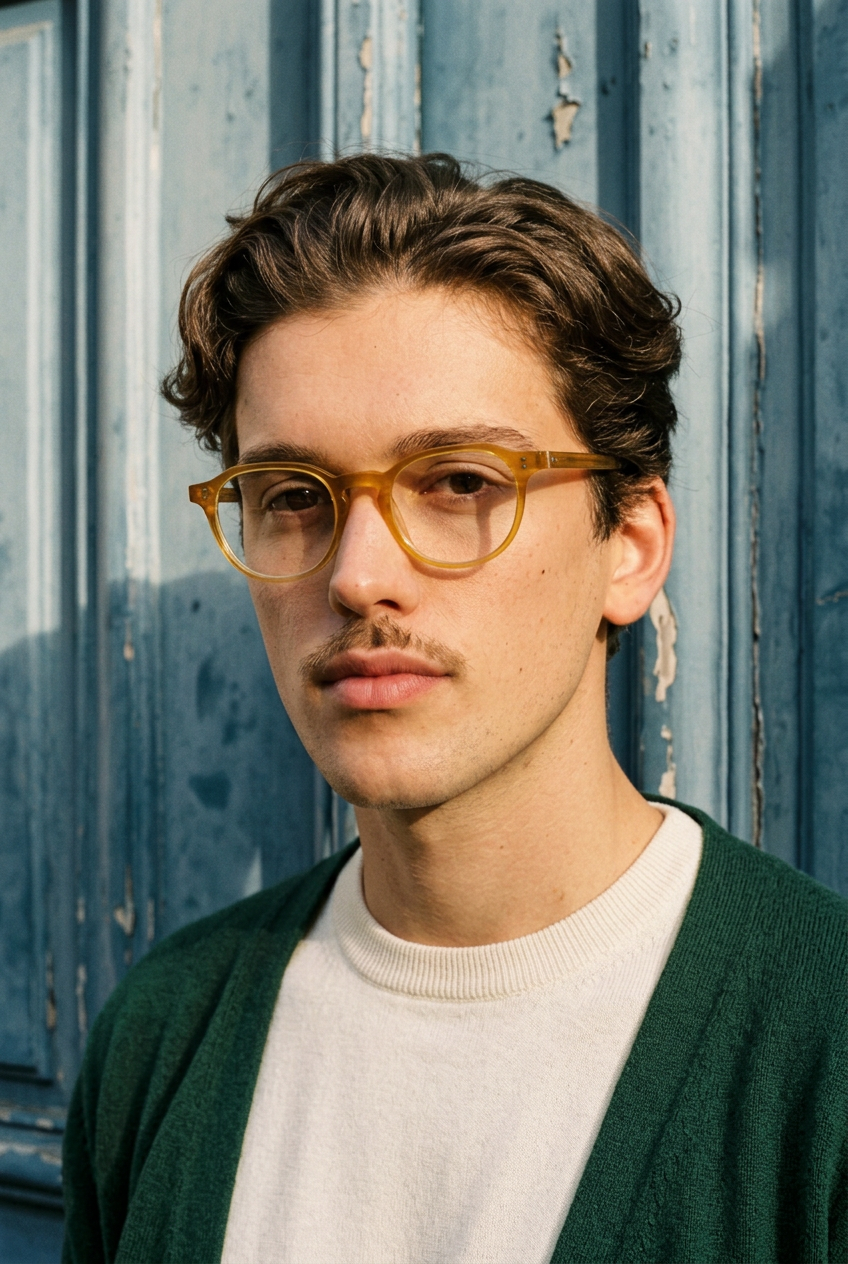 Man wearing lavunett Sonney blue light glasses by a blue Paris door
