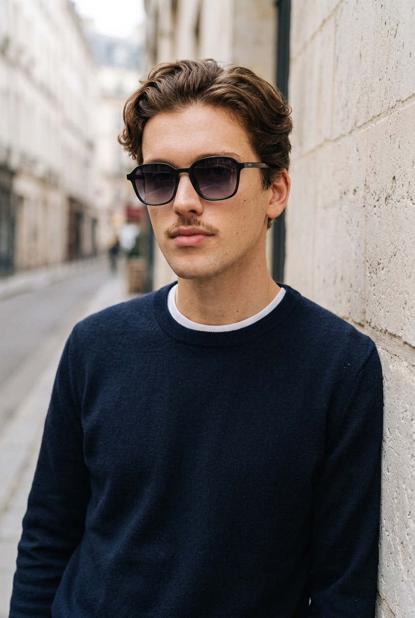 Man wearing lavunett Sophie sunglasses against a Paris stone wall