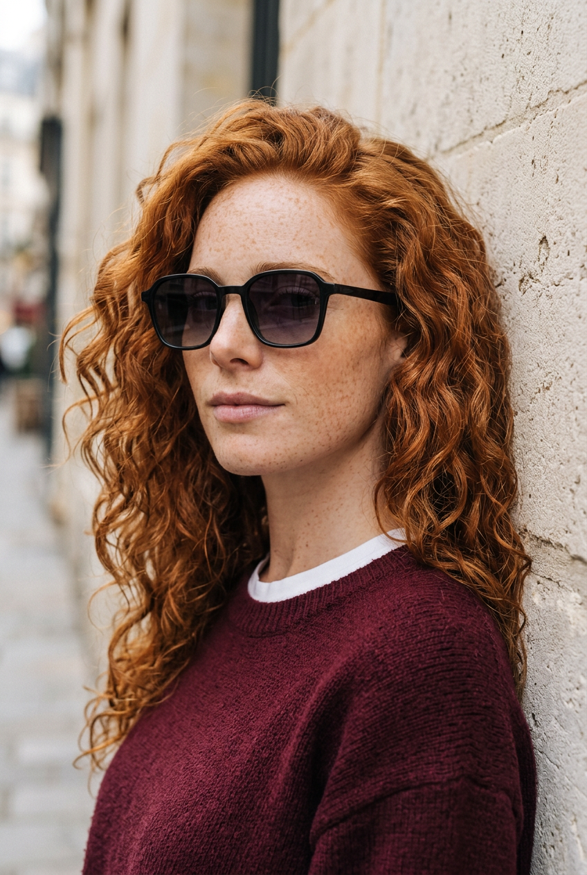 Woman wearing lavunett Sophie sunglasses against a Paris stone wall