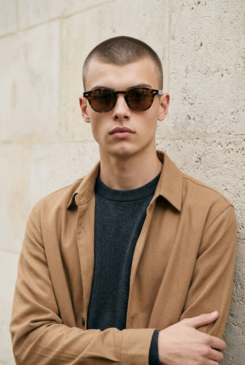 Man wearing lavunett Spitfire sunglasses against a Paris stone wall