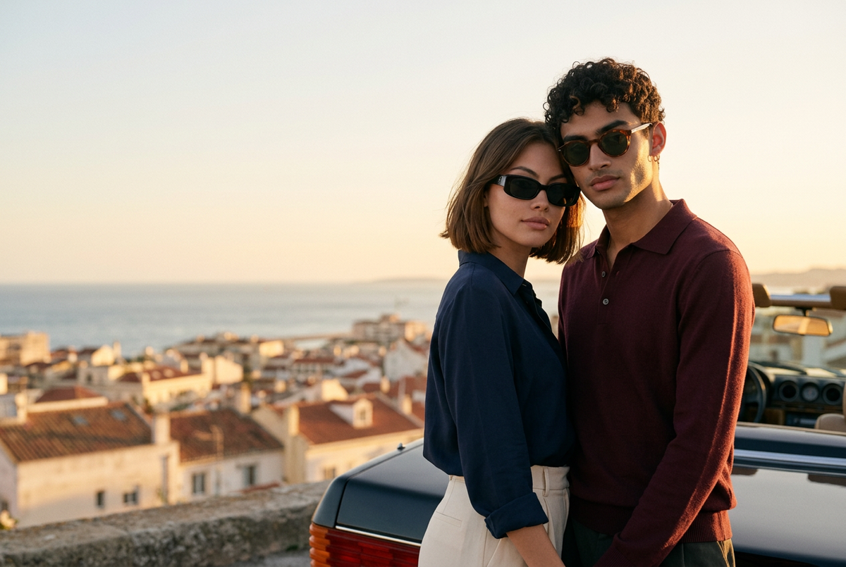 Couple wearing lavunett Jackie and Amico sunglasses at golden hour above the sea