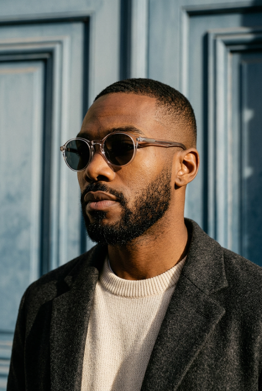 Man wearing lavunett Watson sunglasses by a blue Paris door