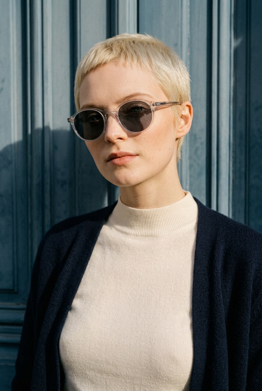 Woman wearing lavunett Watson sunglasses by a blue Paris door