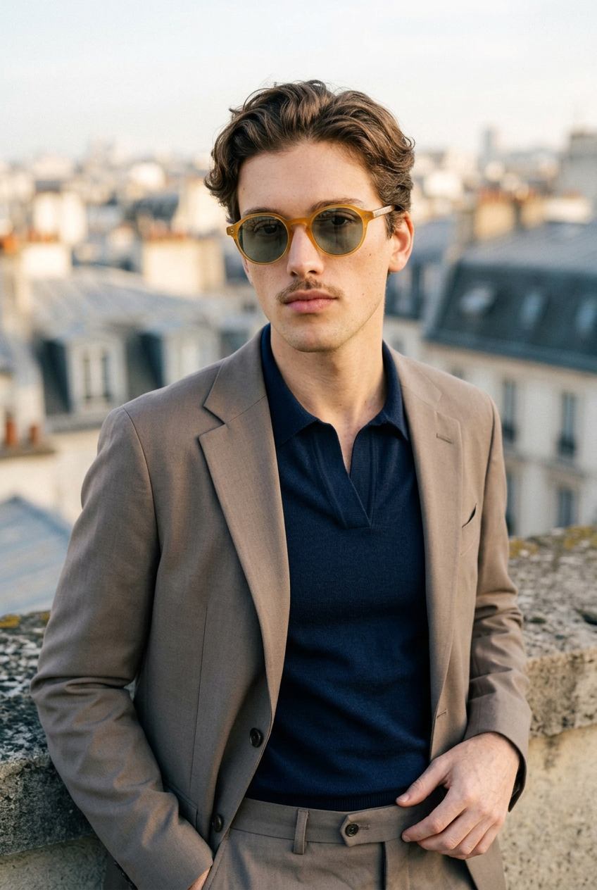 Man wearing lavunett Yionas sunglasses on a Paris rooftop