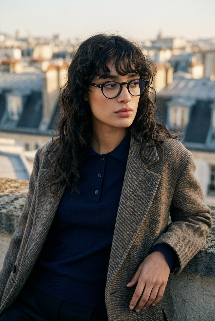 Woman wearing lavunett Paris blue light glasses on a Paris rooftop