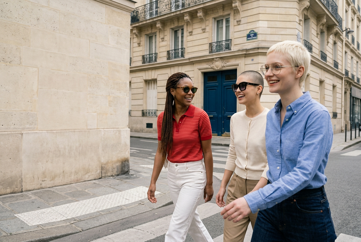 Three women wearing lavunett Edith and Amico sunglasses and Pablito glasses on a Paris street