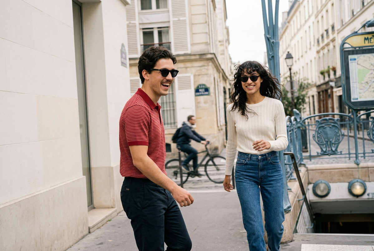 Man and woman wearing lavunett Charlie and Malcolm sunglasses by a Paris métro entrance