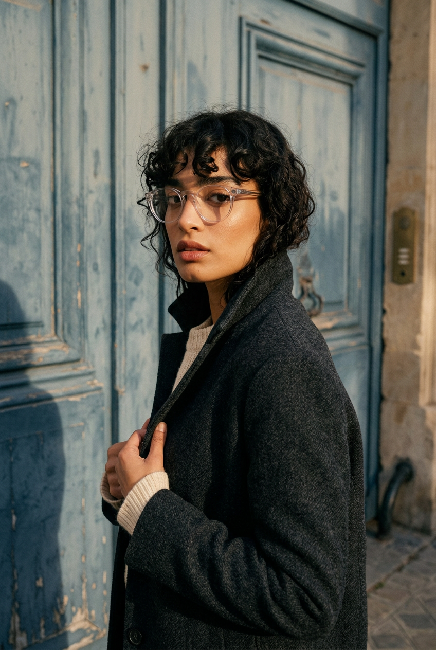 Woman wearing lavunett Pearl blue light glasses by a blue Paris door