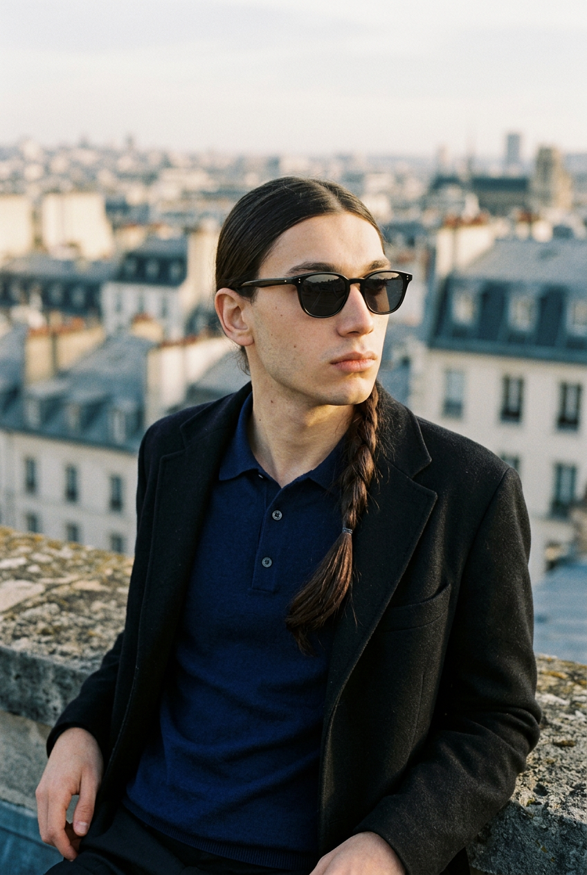 Man wearing lavunett Quincy sunglasses on a Paris rooftop