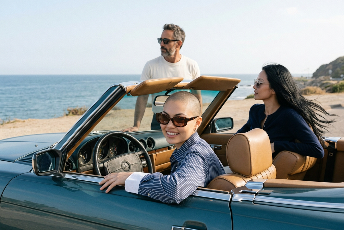 Three friends wearing lavunett Naerobi, Dolce and Jackie Brown sunglasses in a vintage convertible by the sea