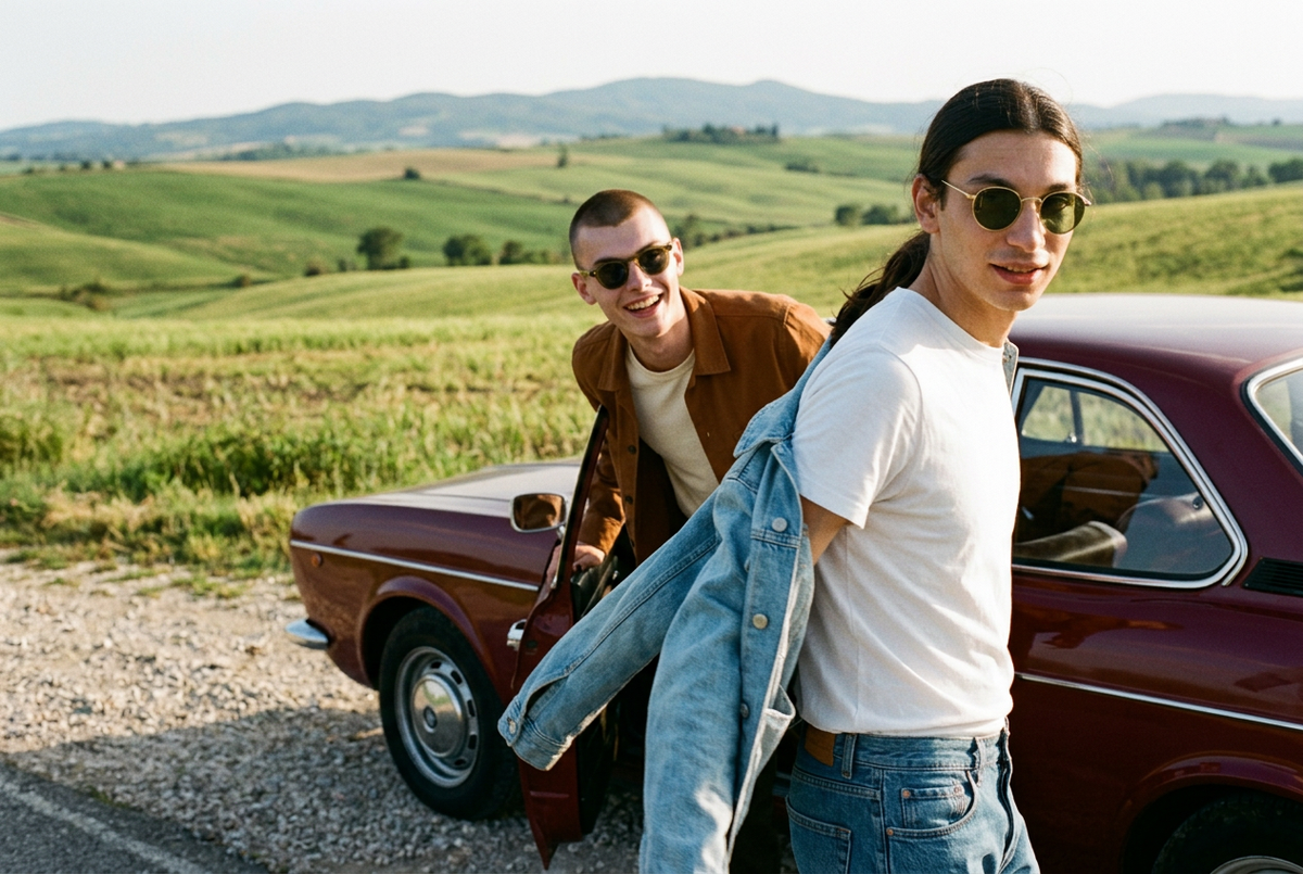Two men wearing lavunett Benji Gold and Grinder sunglasses by a vintage car in the countryside