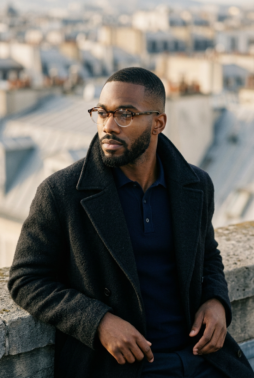 Man wearing lavunett Sara blue light glasses on a Paris rooftop