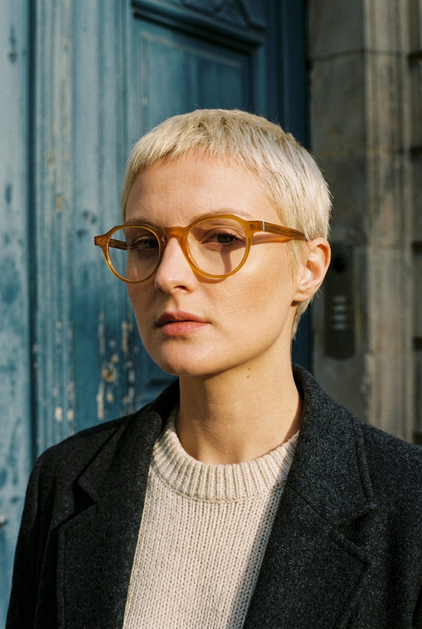 Woman wearing lavunett Sonney blue light glasses by a blue Paris door