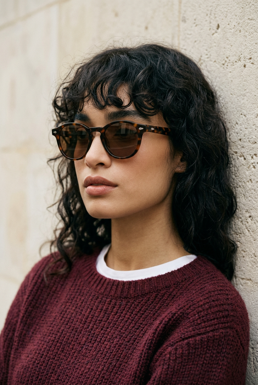 Woman wearing lavunett Spitfire sunglasses against a Paris stone wall