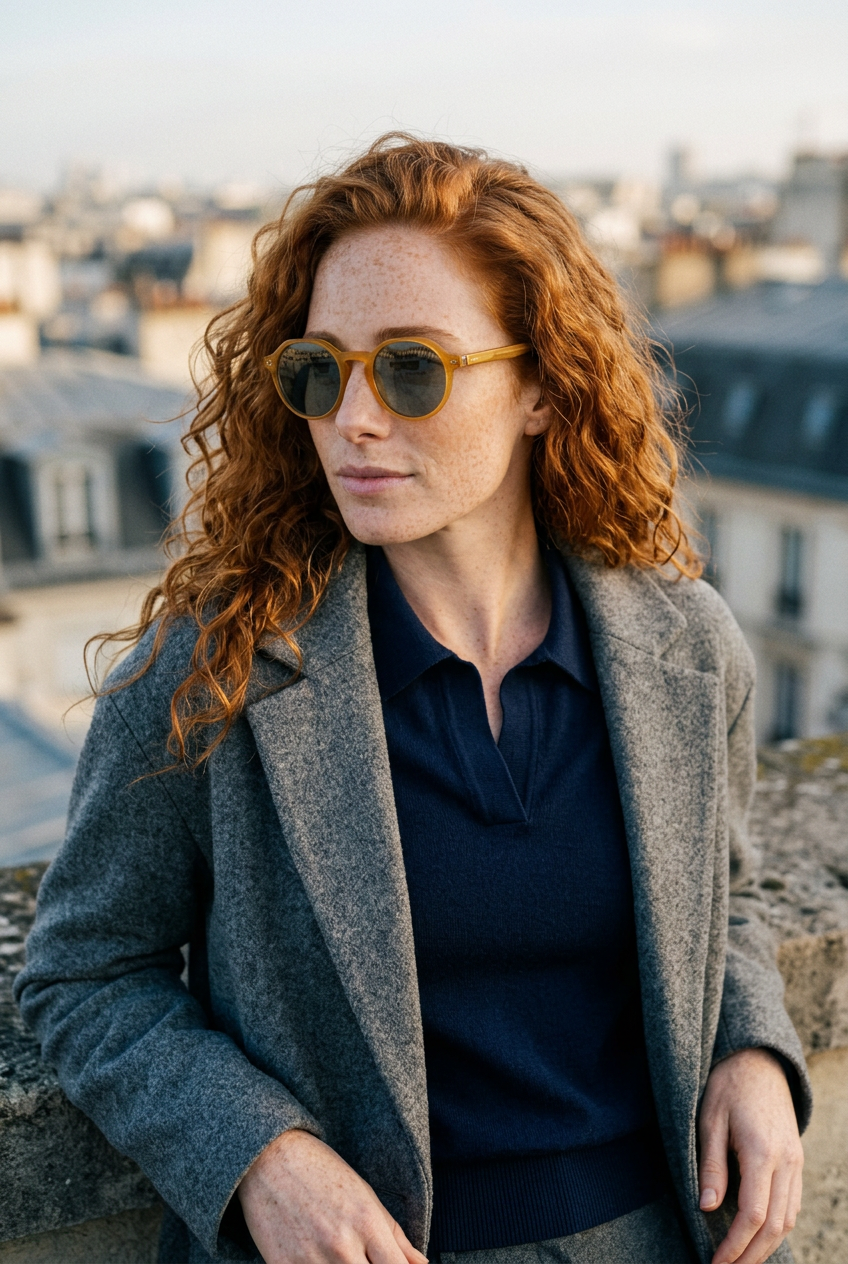 Woman wearing lavunett Yionas sunglasses on a Paris rooftop
